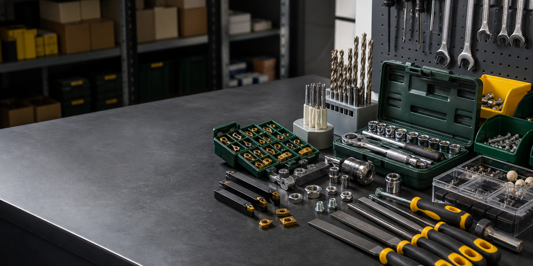 Hardware tools and repair accessories on a workbench